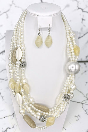 OBLONG PEARL AND STONE LAYERED NECKLACE EARRING SET