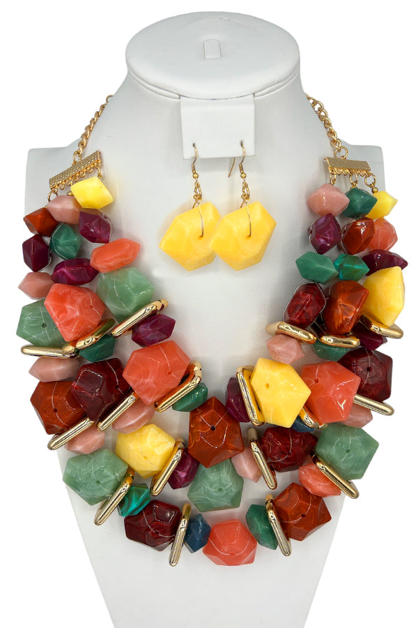 Cluster Faceted Stone Statement Necklace Set