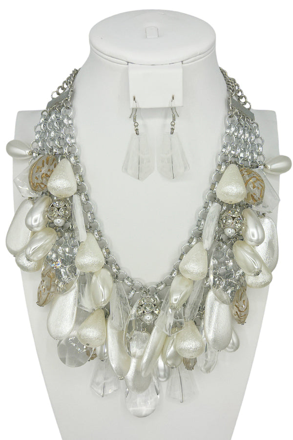 Cluster Pearl Gem Bib Necklace Set