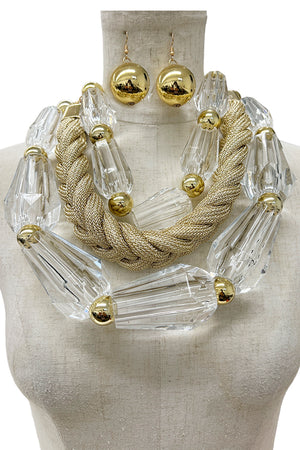 Layered Gem Link Braid Bib Necklace Set