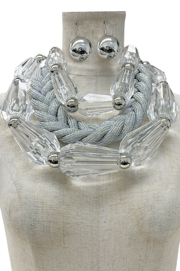 Layered Gem Link Braid Bib Necklace Set