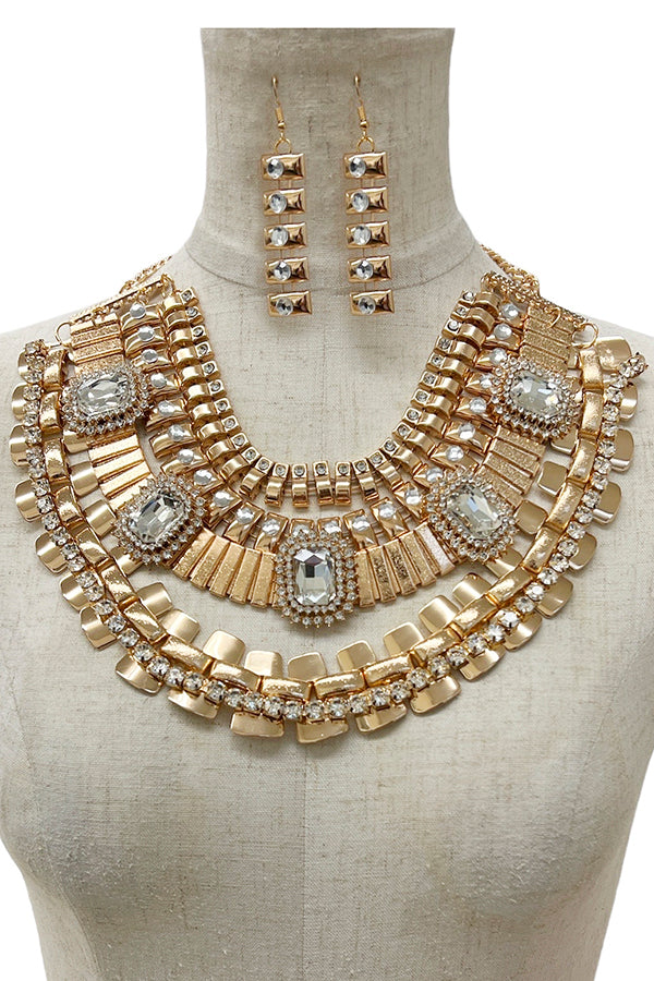 Crystal Gem Layered Statement Necklace Set