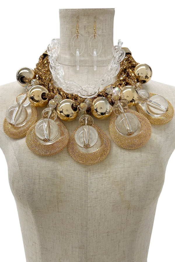 Cluster Bead Mesh Accent Collar Necklace Set