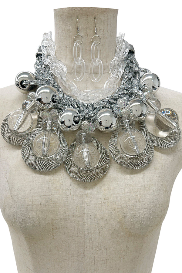 Cluster Bead Mesh Accent Collar Necklace Set