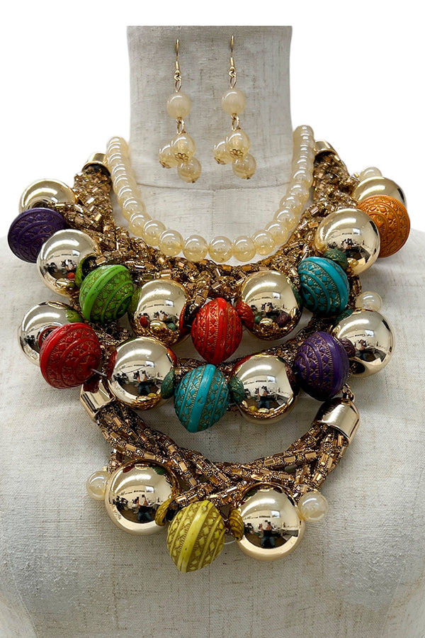 Etched Ball Bead Layered Statement Necklace Set