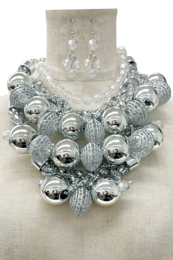 Etched Ball Bead Layered Statement Necklace Set