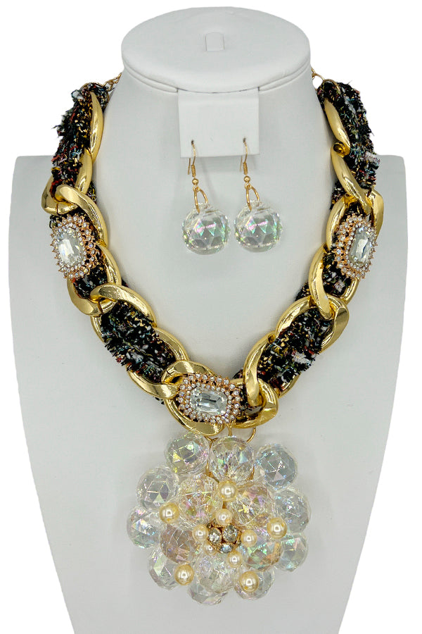 Woven Chain Cluster Floral Pendant Necklace Set