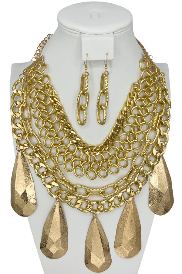 Layered Chain Large Teardrop Bib Necklace Set