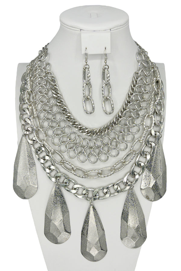 Layered Chain Large Teardrop Bib Necklace Set