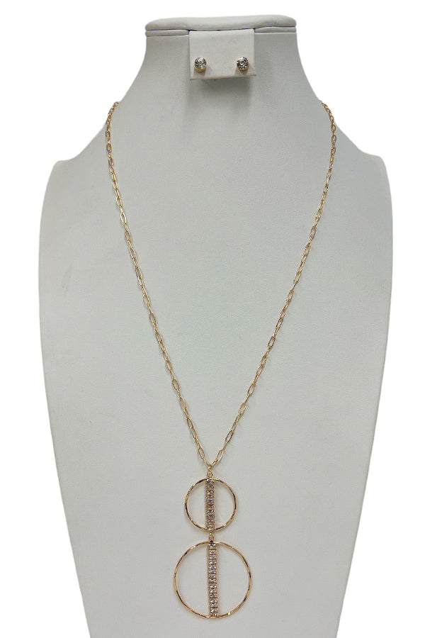 Double Circle Aligned Gem Long Necklace Set