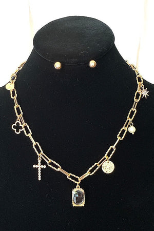 CRYSTAL AND MULTI CHARM DANGLE CHAIN NECKLACE SET