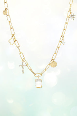 CRYSTAL AND MULTI CHARM DANGLE CHAIN NECKLACE SET