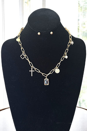 CRYSTAL AND MULTI CHARM DANGLE CHAIN NECKLACE SET