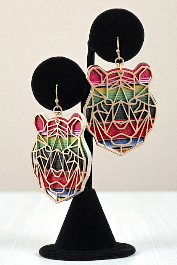 FAUX LEATHER METAL CUT TIGER DANGLE EARRING