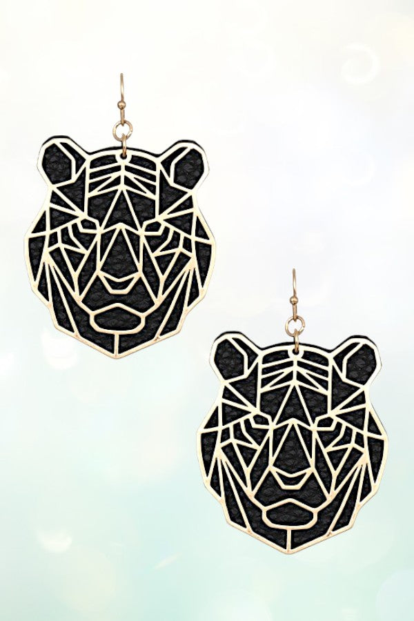 FAUX LEATHER METAL CUT TIGER DANGLE EARRING