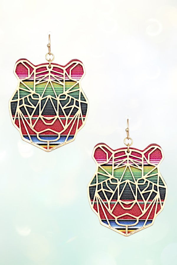 FAUX LEATHER METAL CUT TIGER DANGLE EARRING