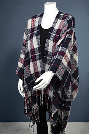 PLAID PRINT FRINGE TRIM RUANA