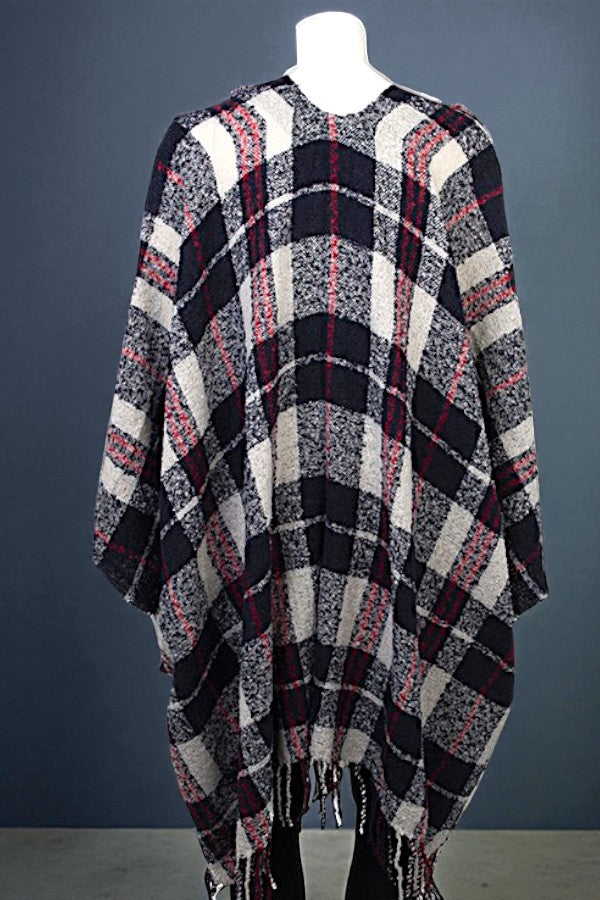 PLAID PRINT FRINGE TRIM RUANA