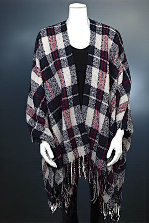 PLAID PRINT FRINGE TRIM RUANA