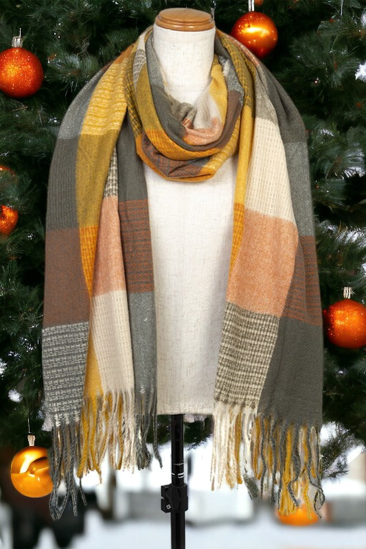 Fringe Trim Plaid Print Oblong Scarf