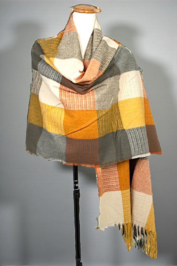 FRINGE TRIM PLAID PRINT OBLONG SCARF
