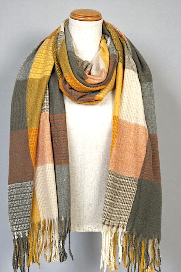 FRINGE TRIM PLAID PRINT OBLONG SCARF