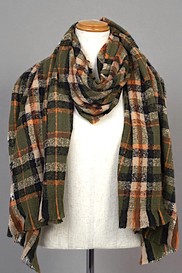 CHECKERED PATTERN FRINGE TRIM OBLONG SCARF