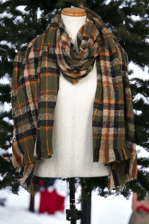 Checkered Pattern Fringe End Trim Oblong Scarf