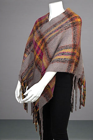 PLAID PATTERN HEATHER COZY LONG PONCHO