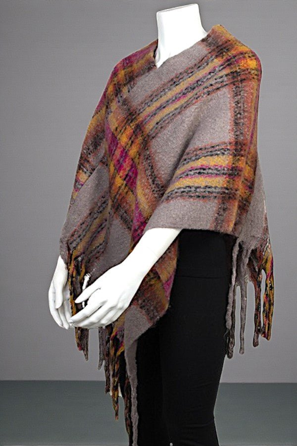 PLAID PATTERN HEATHER COZY LONG PONCHO