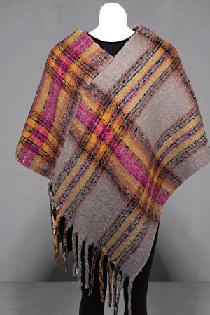 PLAID PATTERN HEATHER COZY LONG PONCHO