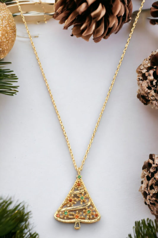 Floral Accent  Christmas Tree Pendant Necklace