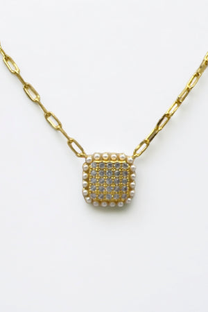 Square Pearl Rhinestone Pendant Necklace