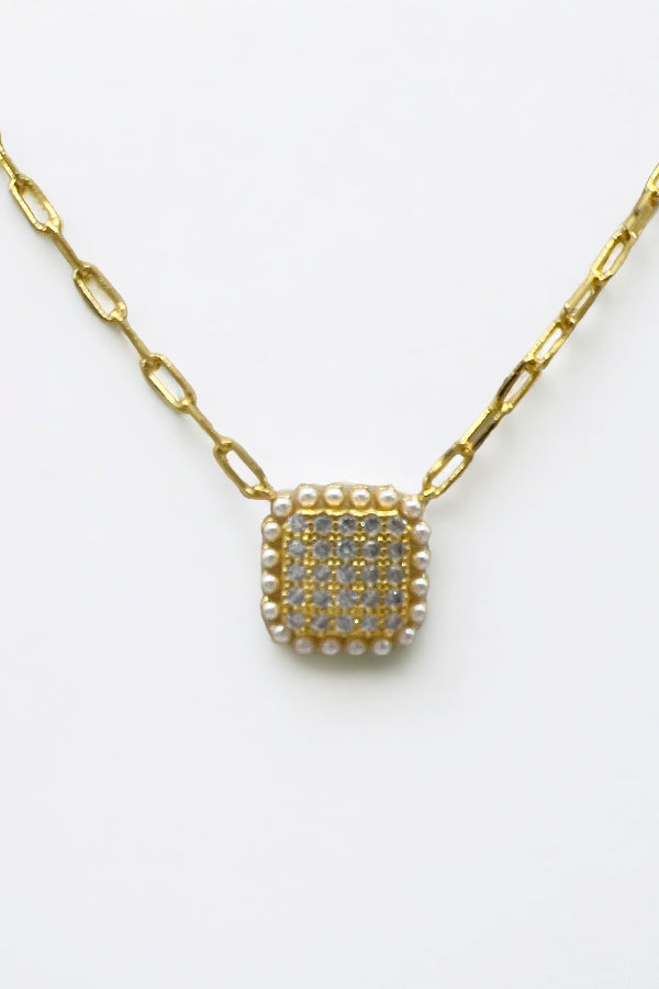 Square Pearl Rhinestone Pendant Necklace