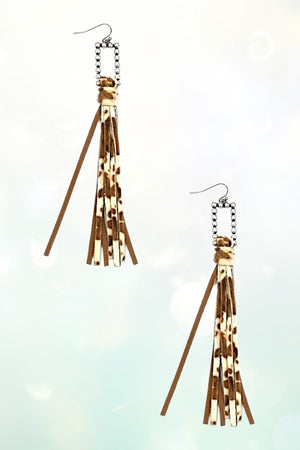 WESTERN ANIMAL PRINT FRINGE BUBBLE RECTANGLE DANGLE EARRING