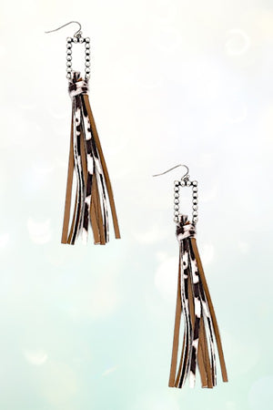 WESTERN ANIMAL PRINT FRINGE BUBBLE RECTANGLE DANGLE EARRING