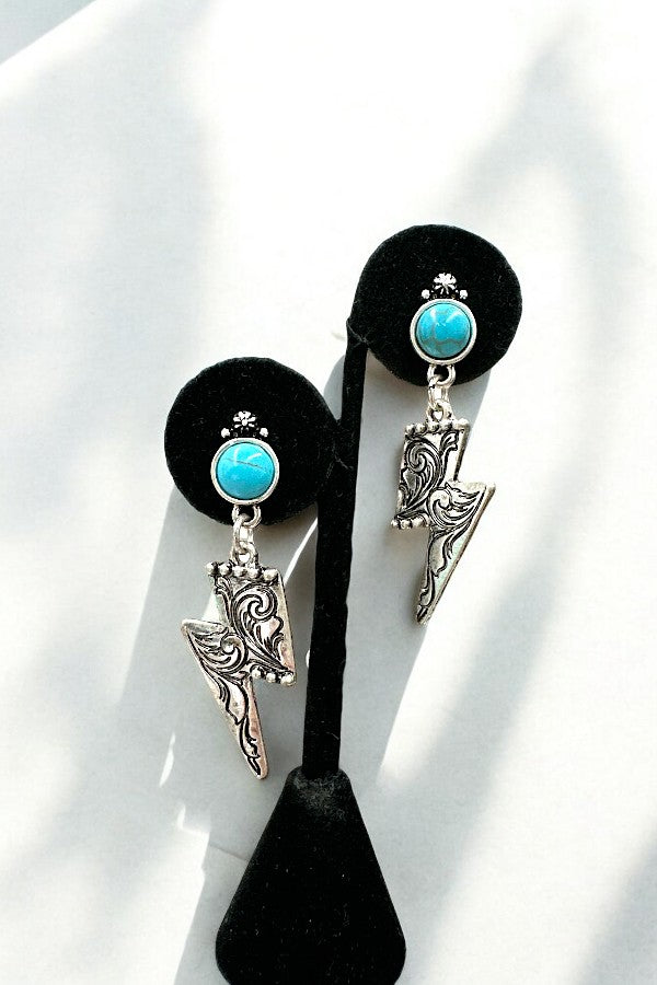 Lightning Engraved Turquoise Gem Post Earring