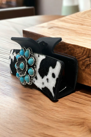 WESTERN COWHIDE TQ FLOWER CONCHO HAIR CLAW CLIPS