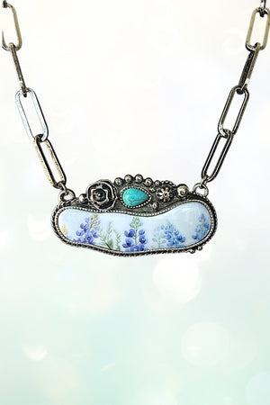 FLOWER CERAMIC TQ CHARM PENDANT CHAIN NECKLACE