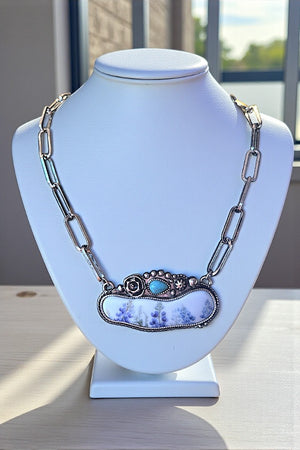 FLOWER CERAMIC TQ CHARM PENDANT CHAIN NECKLACE