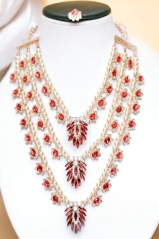 Pearl Layered Floral Gem Necklace Set