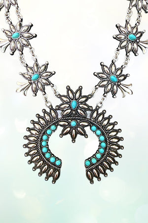 WESTERN TQ GEM ACCENT SQUASH BLOSSOM NECKLACE AND EARRING SET