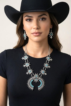 WESTERN TQ GEM ACCENT SQUASH BLOSSOM NECKLACE AND EARRING SET