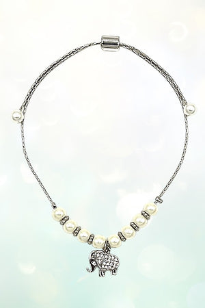 CZ STONE PAVE ELEPHANT CHARM PEARL BEAD SLIDER BRACELET