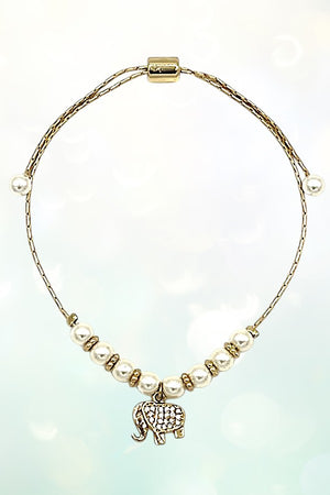CZ STONE PAVE ELEPHANT CHARM PEARL BEAD SLIDER BRACELET