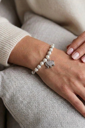 CZ STONE PAVE ELEPHANT CHARM PEARL BEAD SLIDER BRACELET