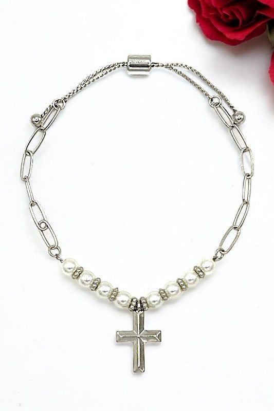 PEARL CROSS CHARM SLIDER BRACELET