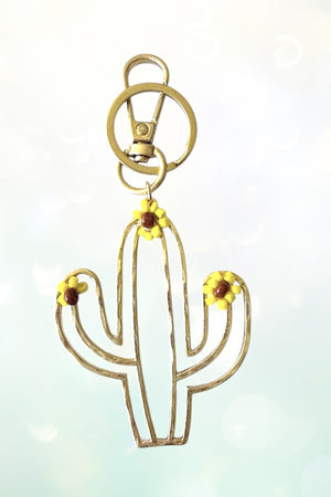 FLORAL BEAD ACCENT CACTUS OUTLINE DANGLE KEYCHAIN