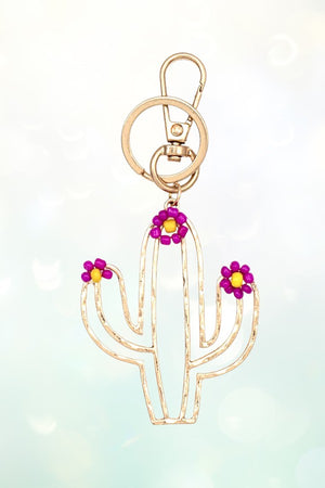 FLORAL BEAD ACCENT CACTUS OUTLINE DANGLE KEYCHAIN
