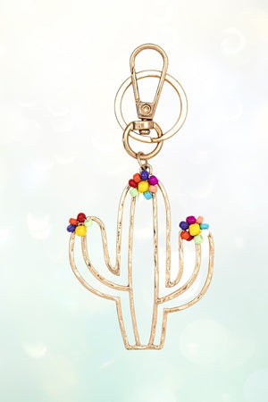 FLORAL BEAD ACCENT CACTUS OUTLINE DANGLE KEYCHAIN